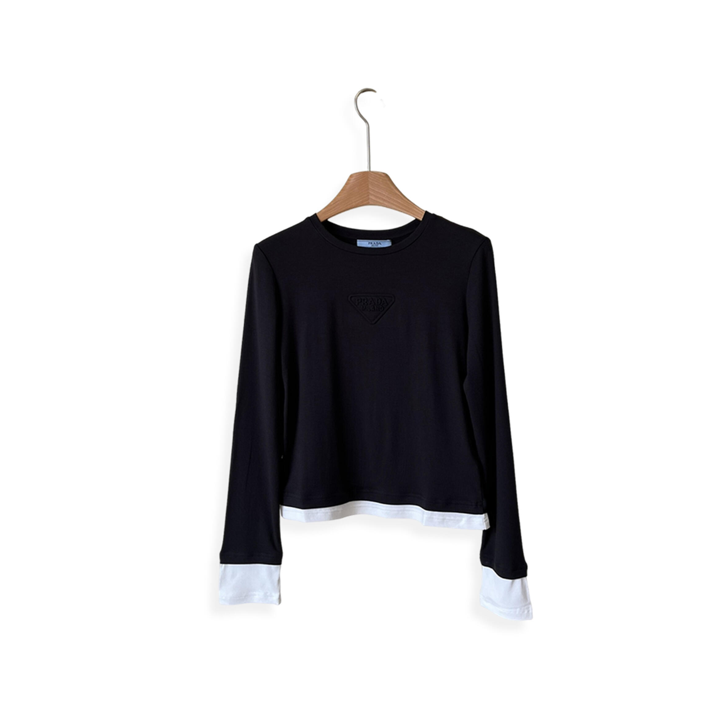 Pra*a faux two-piece triangular letter long-sleeved shirt